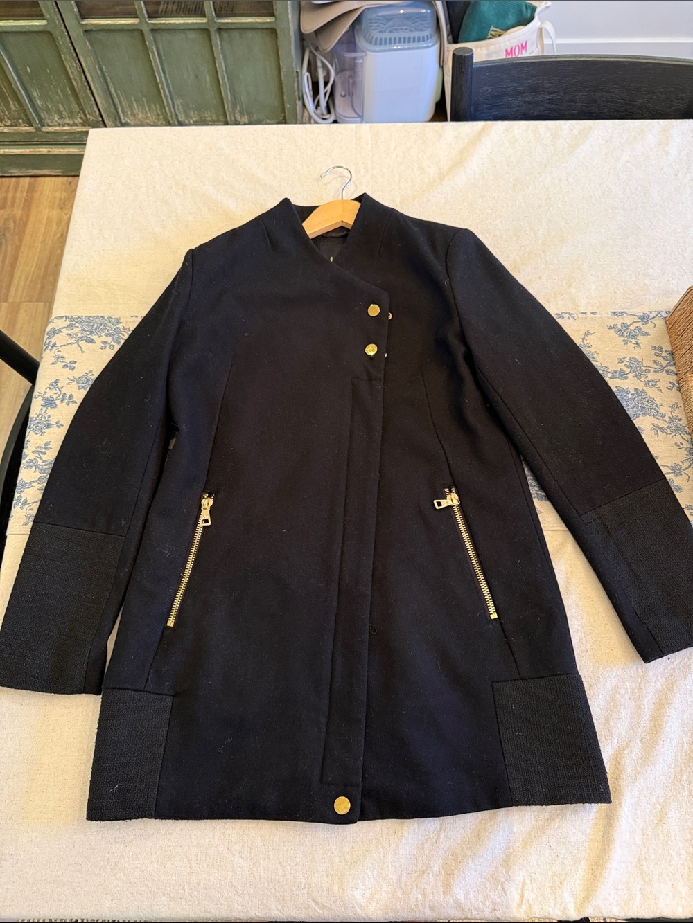 Sam Edelman Black Pea Coat with Gold Zipper Accents